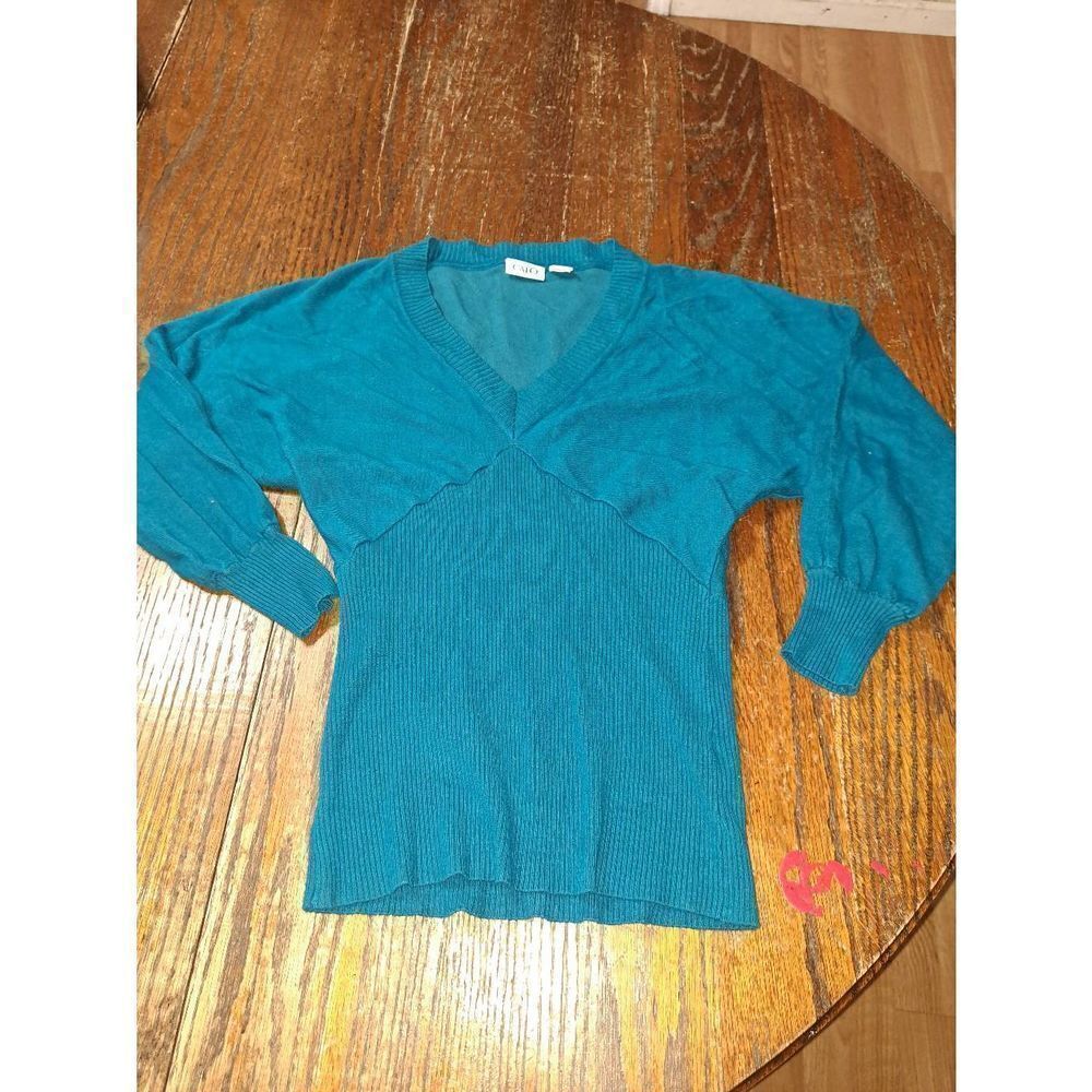 Medium Cato Teal Blue Long Sleeve VNeck Slim Fit Pullover Knit Sweater Shirt Top